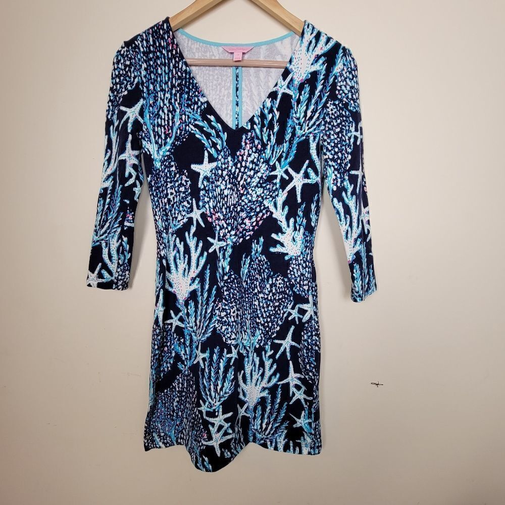 Lilly Pulitzer CLARKE V NECK FRENCH TERRY DRESS Bright Navy Good Reef XS